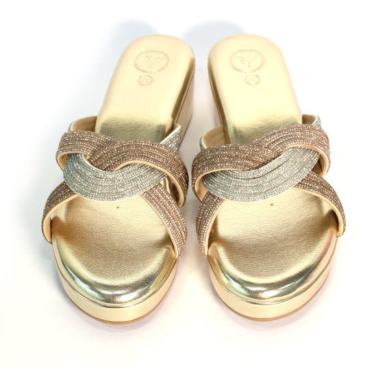 Women Gold Open Toe Faux leather Trio Wedge