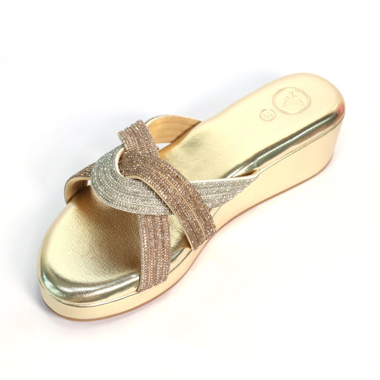 Women Gold Open Toe Faux leather Trio Wedge