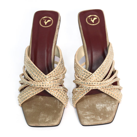 Women Open Toe Slip on closure Beige Dune Block Heel