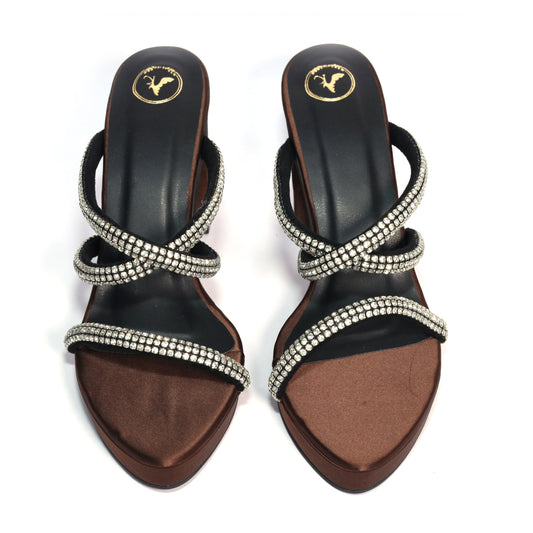 Black Open Toe Slip on Closure Mocha Star Block Heel