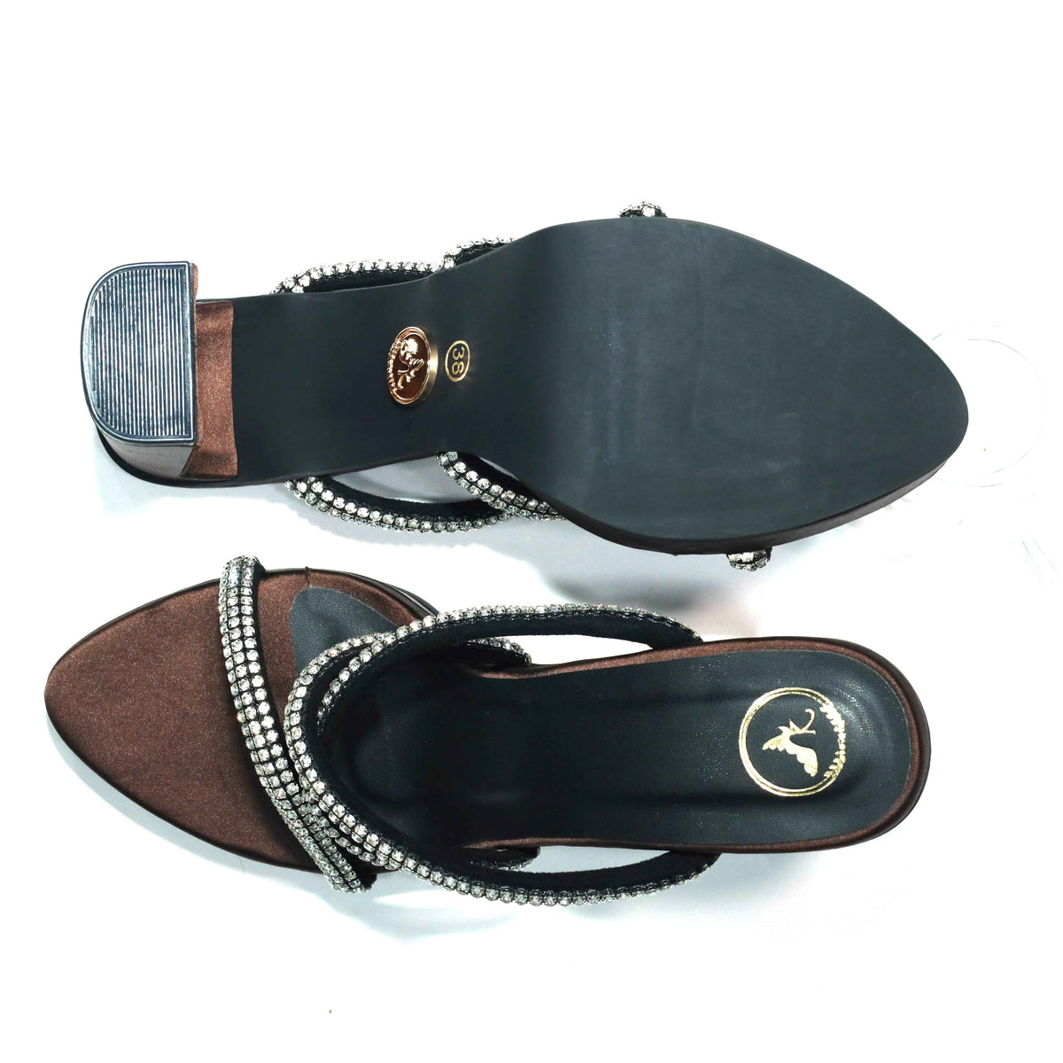 Black Open Toe Slip on Closure Mocha Star Block Heel