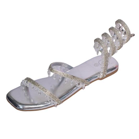 Silver Open Toe Lace-Ups Spring with work Flat