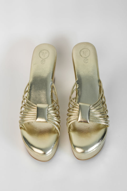 Gold Open Toe Slip-on closure Biscuit Wedge