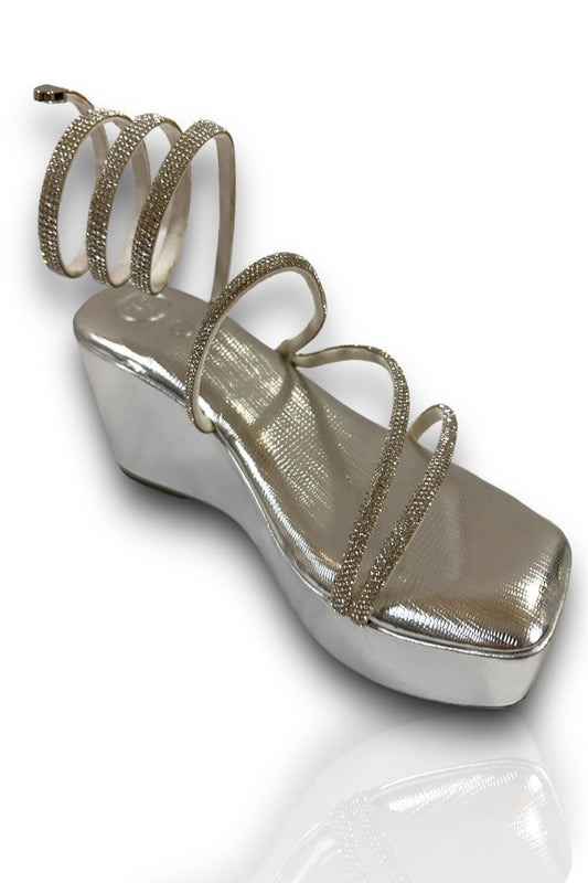 Silver Open Toe Lizard Spring Wedge
