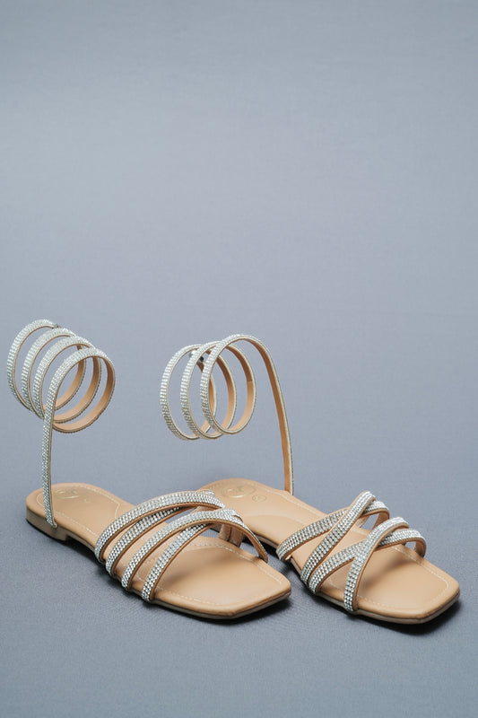 Nude Beige Leather Open Toe Casual  Flats