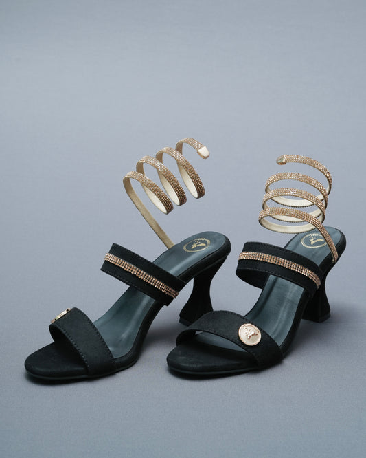 Open Toe Black Heels with Champagne Gold Spring