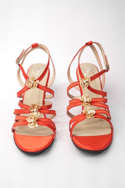 Orange Open Toe Narrow Fit Burnt Flower Heels