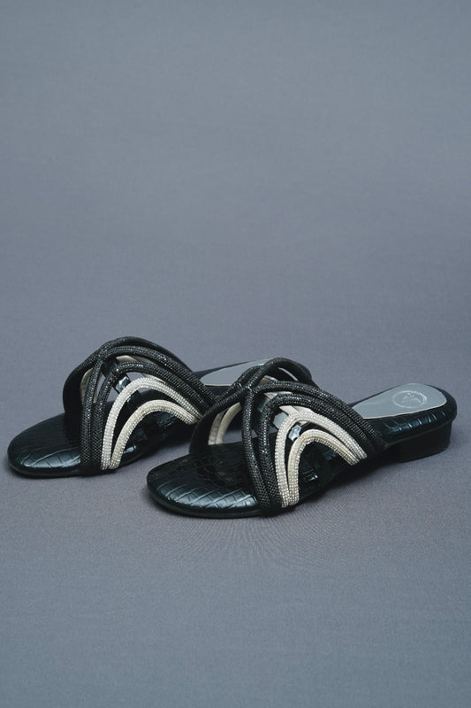 Open Toe Faux Leather Black Gema Flats