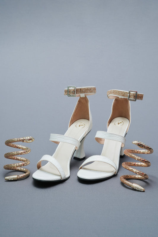 Open Toe White Mesh Bangle String Heels