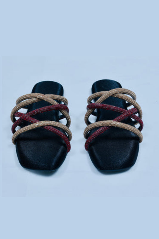 Red & Black Multi string Open Toe Flats