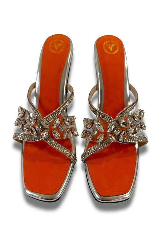 Silver Petal Open Toe Heels