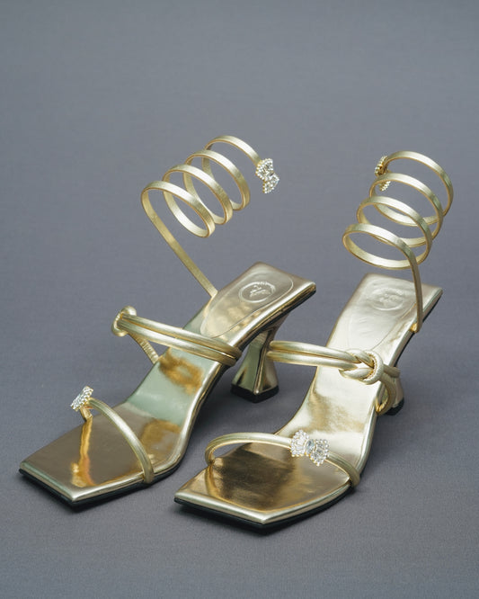 Open Toe Gold Champagne Gun Metal Heels