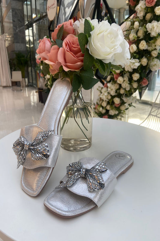 Silver Bow Sliders Flat Sandal