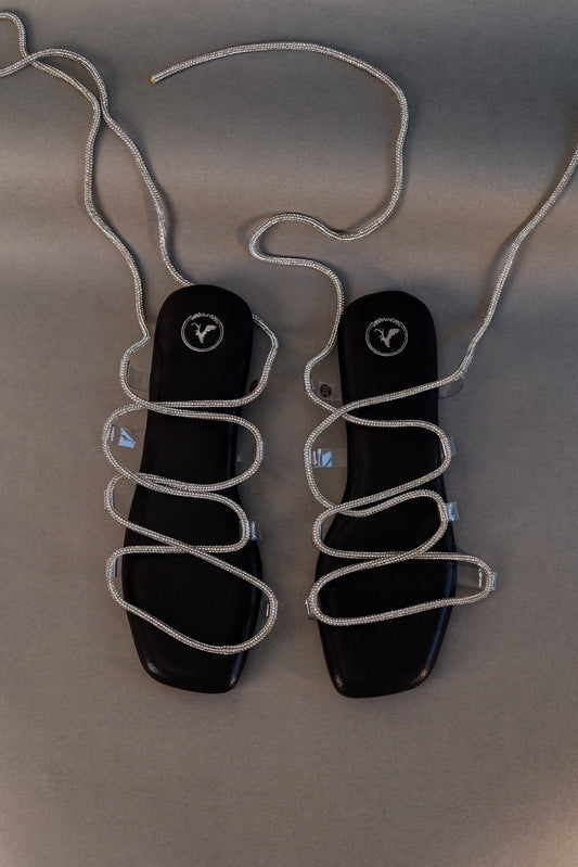 Black Stringy Shoe Lace Flats Sandal