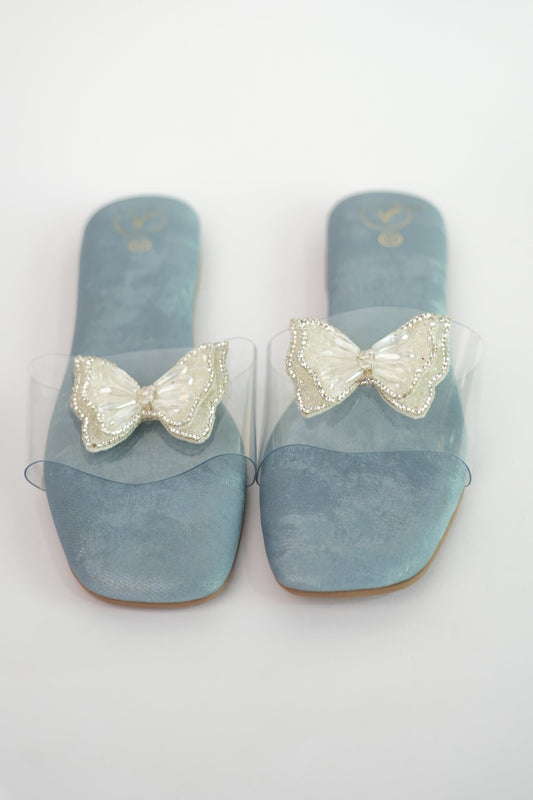 Blue Open Toe Narrow Fit Butterfly Flats