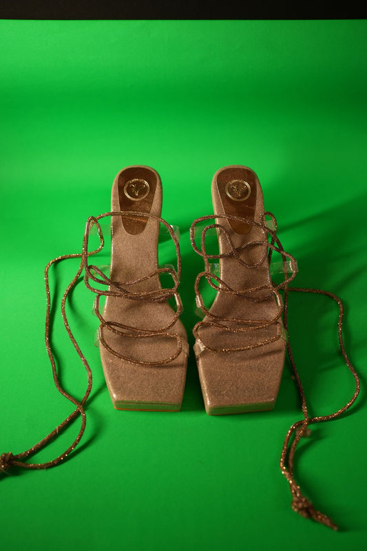 Champagne Gold Stringy Shoe Lace Elevated Heel Sandal