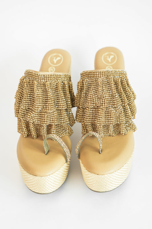 Gold Open Toe Slip-on closure Mesh Wedge