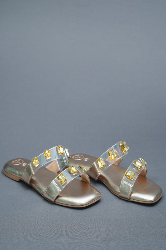 Open Toe Faux Leather Gold Carats Flats