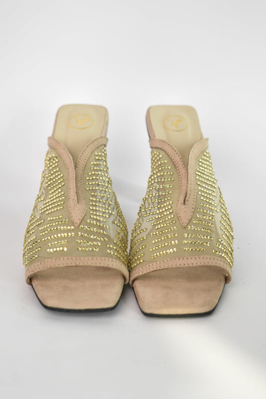 Gold Open Toe Shark Net Studed Heels