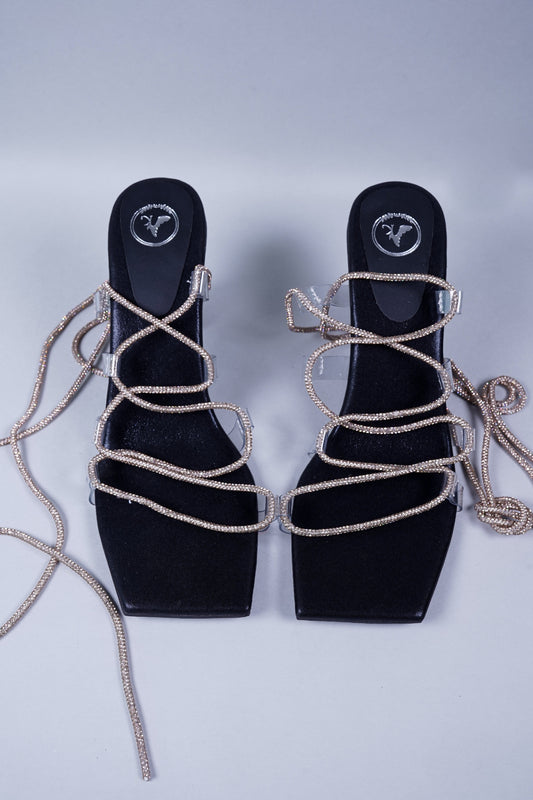 Black Stringy Shoe Lace Heel Sandal
