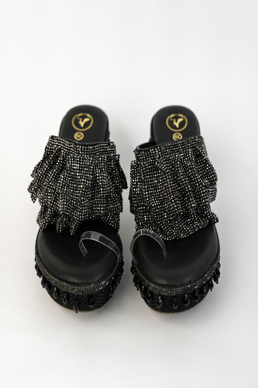 Black Open Toe Slip-on Closure Mesh Wedge