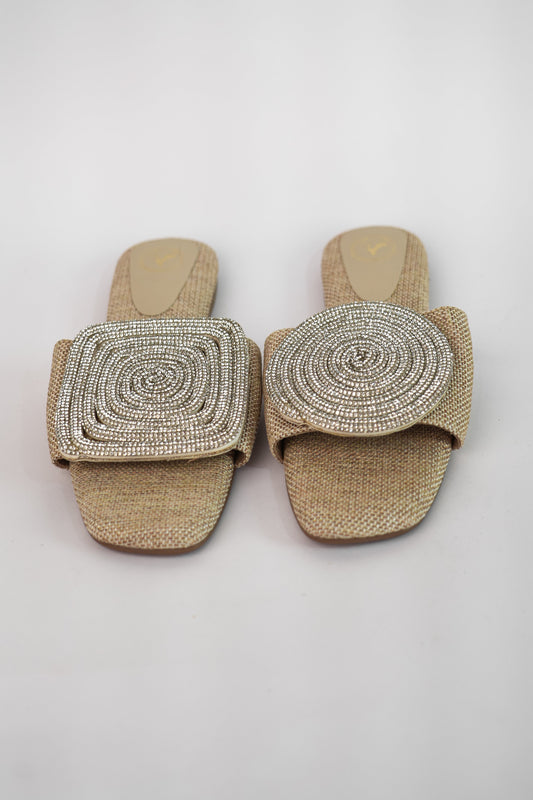 Beige Open Toe Narrow Fit Cube Globe Jute Flats