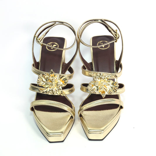 Zeno Gold Open Toe Faux Leather Heels for Women