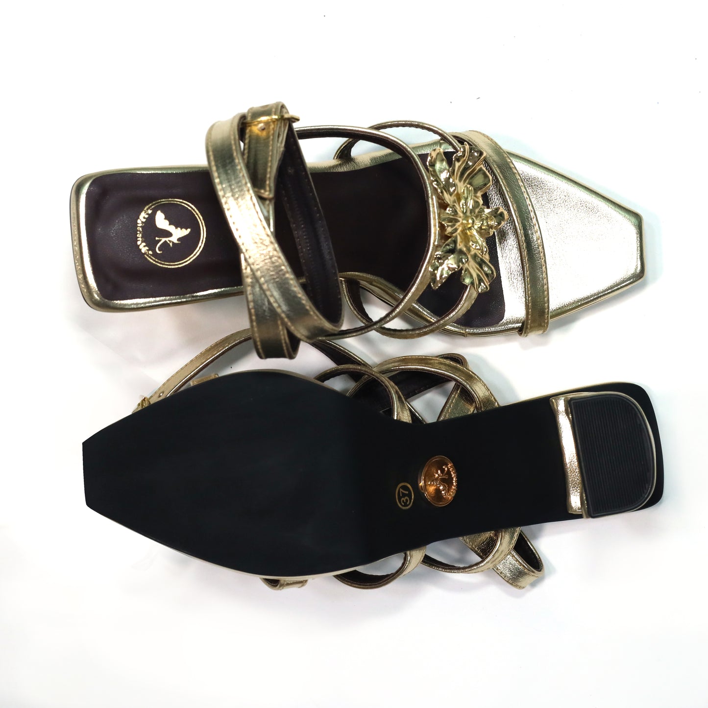 Zeno Gold Open Toe Faux Leather Block Heels for Women