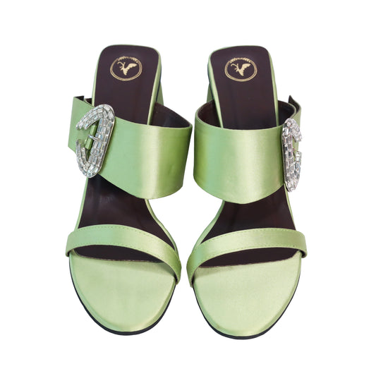 Green Open Toe Faux Leather Dazzle Pistacio Heel