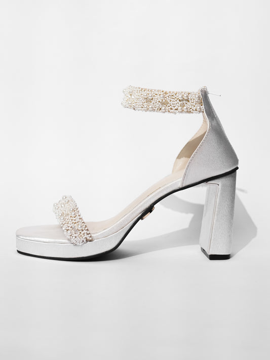 White Open Toe Narrow Fit Kushi Pearls Elevated Heels