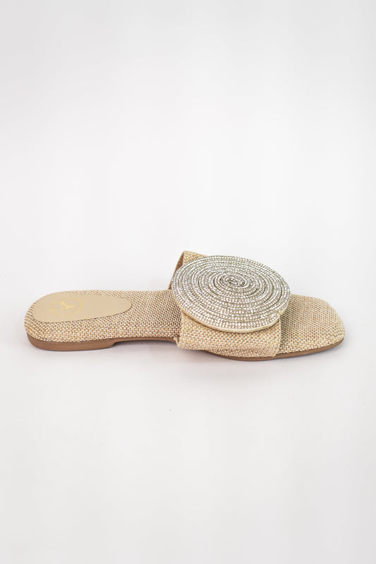 Beige Open Toe Narrow Fit Cube Globe Jute Flats