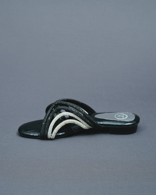 Open Toe Faux Leather Black Gema Flats