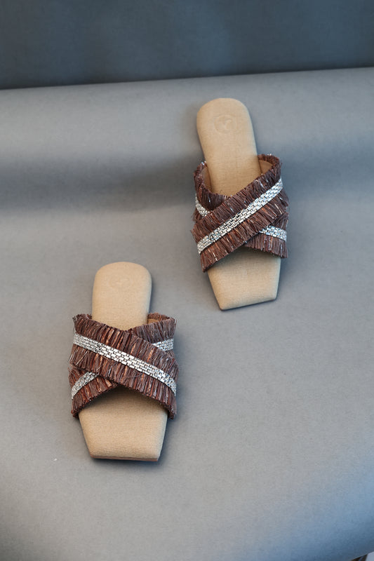 Brown Jute Frills Sliders Flat Sandal
