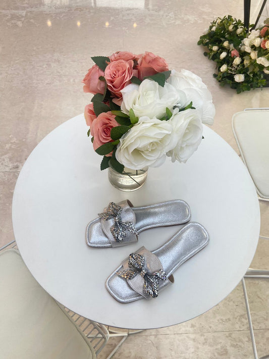 Silver Bow Sliders Flat Sandal