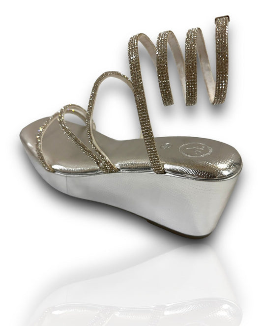 Silver Open Toe Lizard Spring Wedge