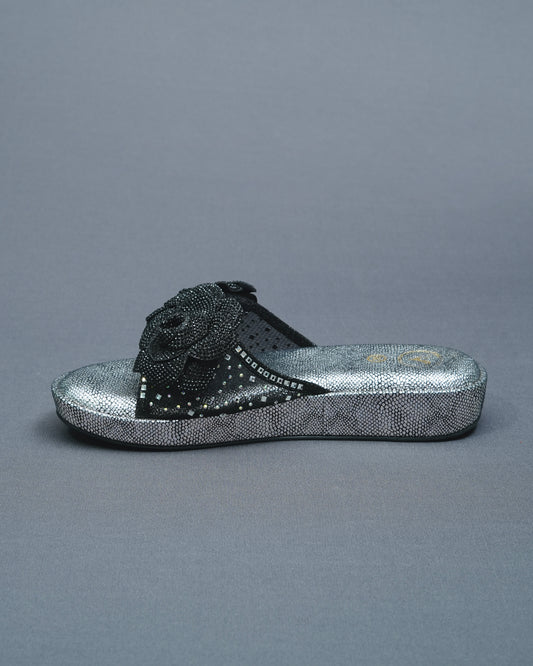 Black rose Open Toe Silver Wedge Leather Heels