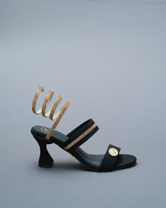 Open Toe Black Heels with Champagne Gold Spring