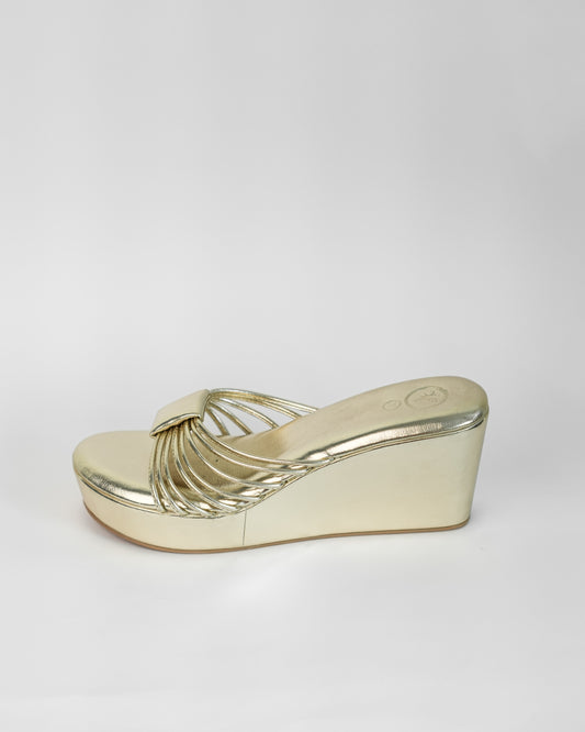 Gold Open Toe Slip-on closure Biscuit Wedge