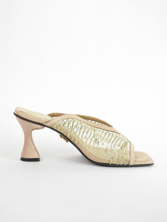 Gold Open Toe Shark Net Studed Heels