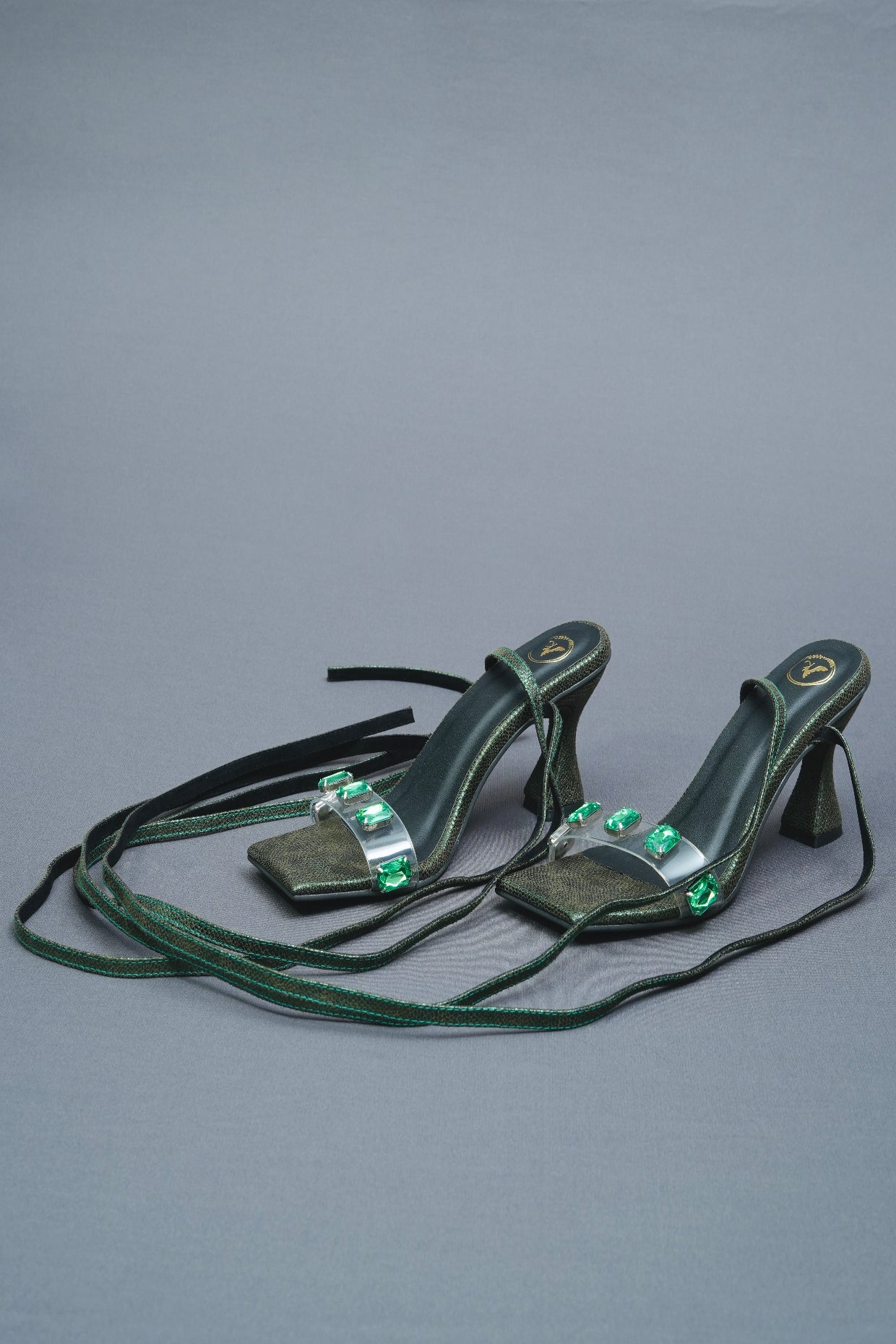 Open Toe Faux Leather Green Stones Tie Up Heels