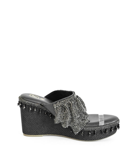 Black Open Toe Slip-on Closure Mesh Wedge