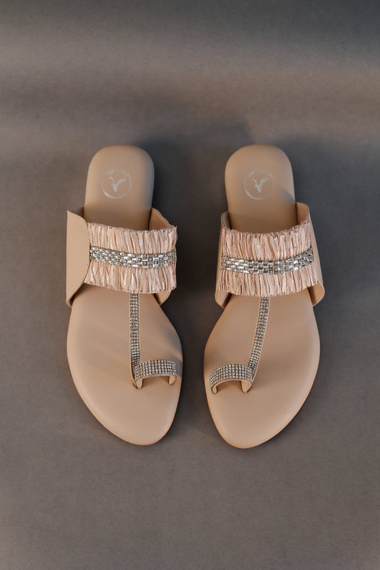 Beige Stringy Kolhapuri Open Toe Heel Sandal