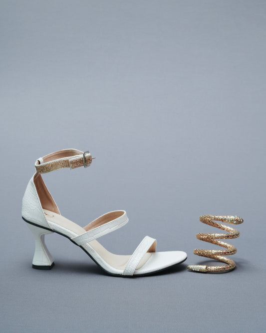 Open Toe White Mesh Bangle String Heels