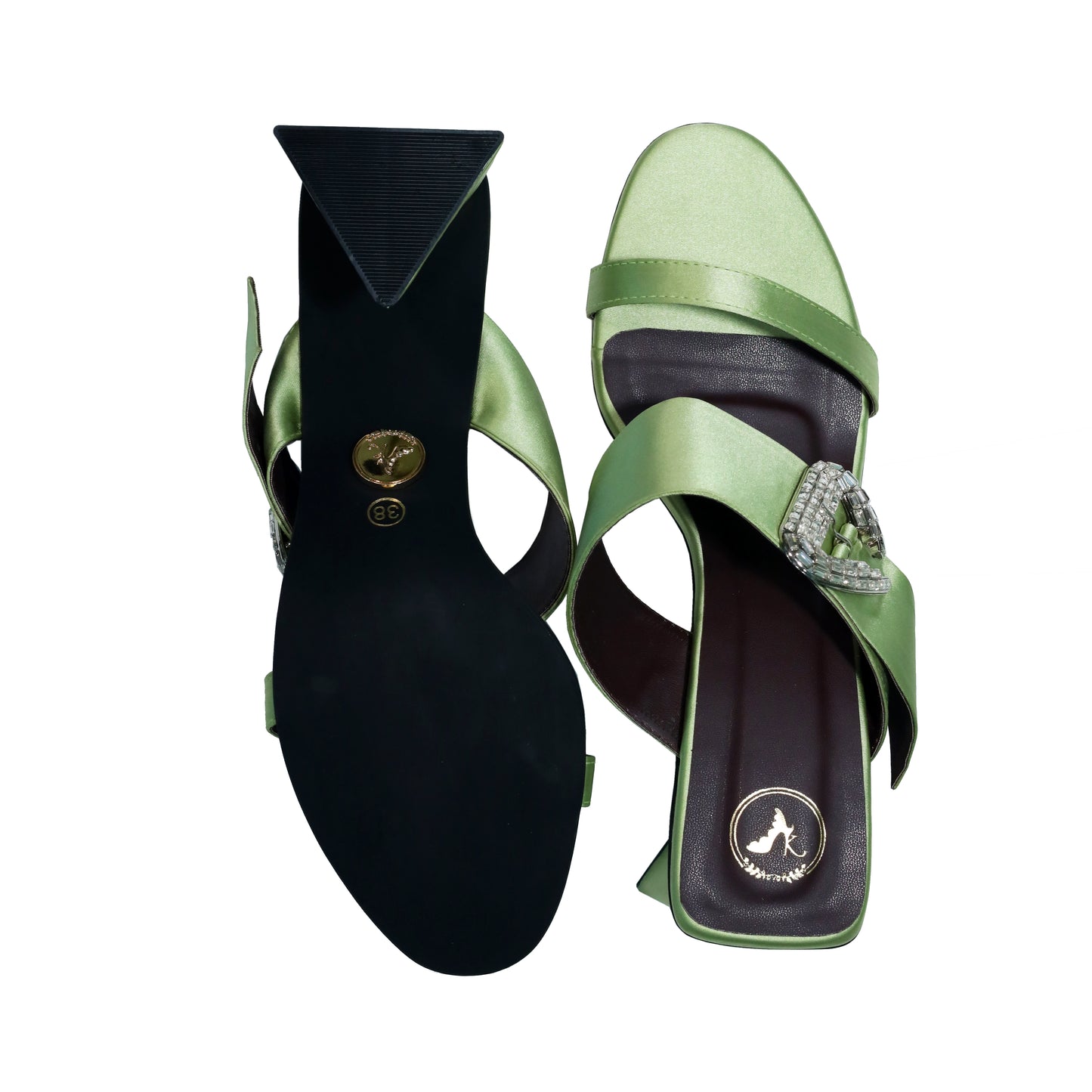 Green Open Toe Faux Leather Dazzle Pistacio Block Heel