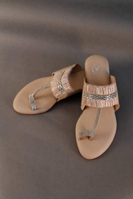 Beige Stringy Kolhapuri Open Toe Heel Sandal