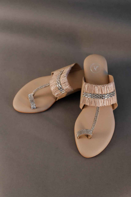 Beige Stringy Kolhapuri Open Toe Kitten Heel Sandal