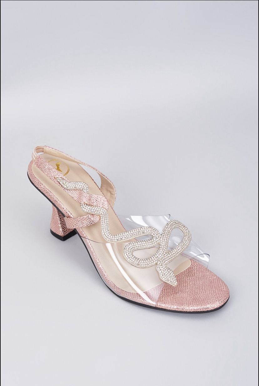Faux Leather Rose Gold Zigzag Snake Open Toe Heels