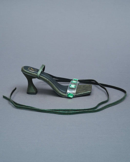 Open Toe Faux Leather Green Stones Tie Up Heels