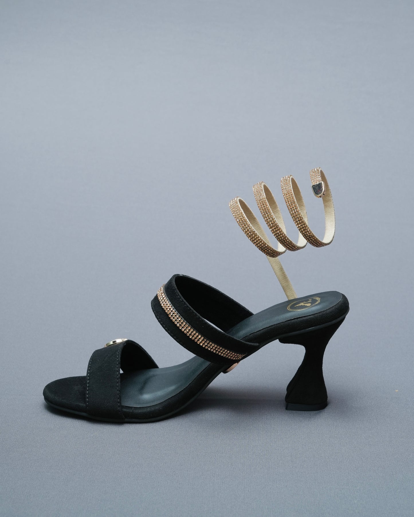 Open Toe Black Heels with Champagne Gold Spring