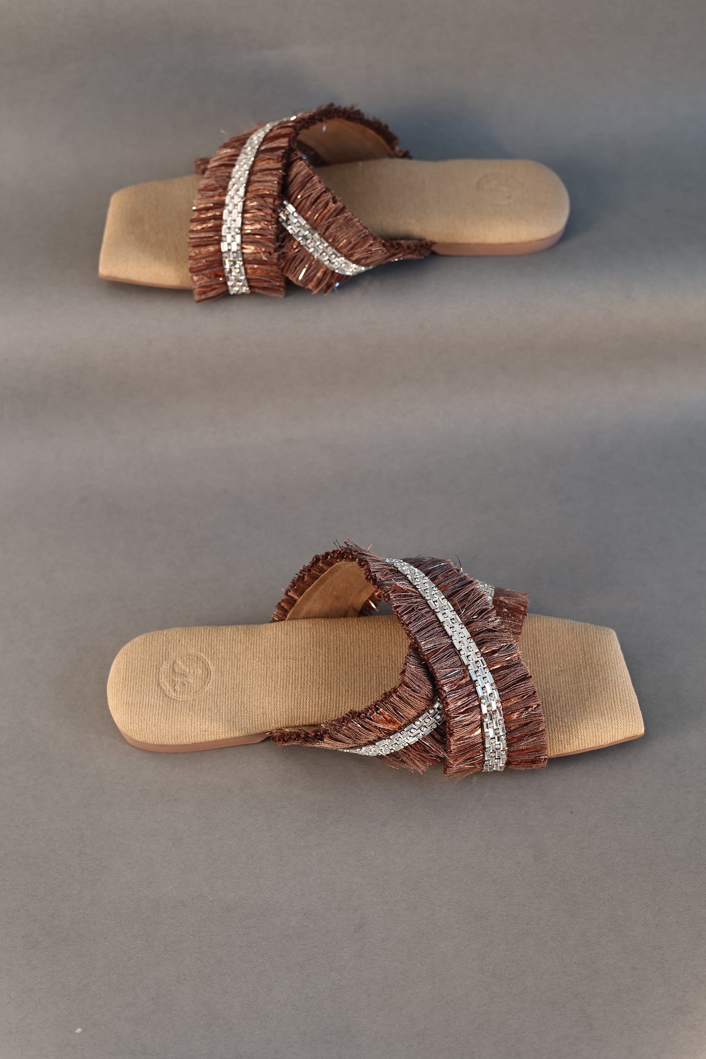 Brown Jute Frills Sliders Flat Sandal